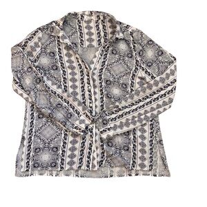 En Crème Dark Navy Bandana Print Split Hem Long Sleeve Button Down Size M